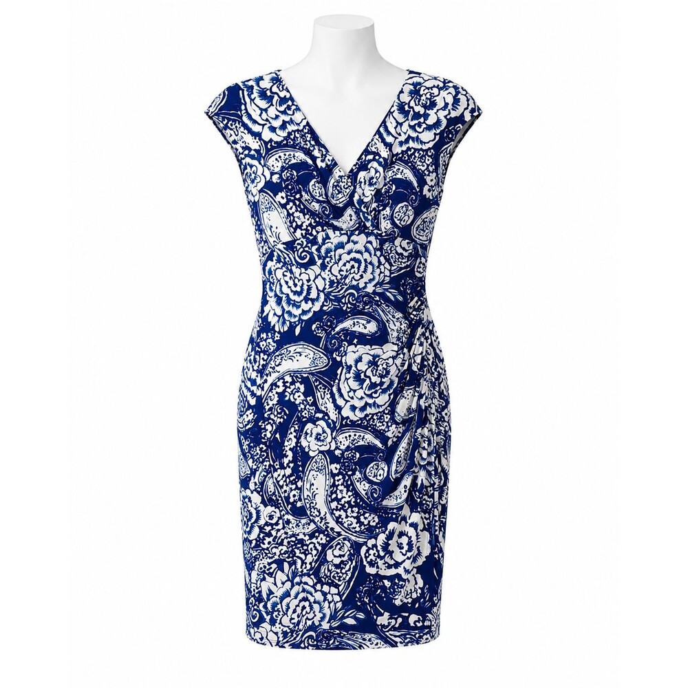 Lauren Ralph Lauren Womens 10 Blue White Paisley Sheath Dress Faux Wrap Stretch